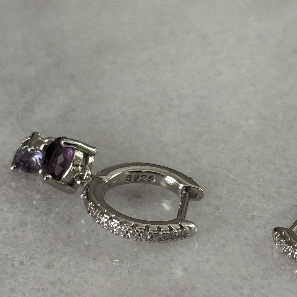 NEW DROP Sterling Silver Crystal Pave Purple Dangle Huggie Hoop Earrings - Picture 4 of 6